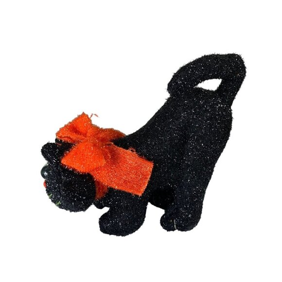 Halloween Cat Plush Set of 3 Sparkly Orange Black Cats Green Eyes Spooky Decor - Picture 3 of 7